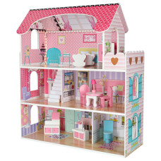 Liela Bērnu Spēļu MDF Koka Leļļu Māja ar Mēbelēm Piederumiem 70cm, Rozā | Play Dollhouse with Furniture